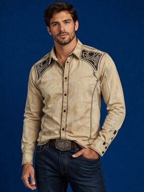 Vtg ROAR Beige Crystal Clear Embroidered Distressed Rockabilly Western Shirt